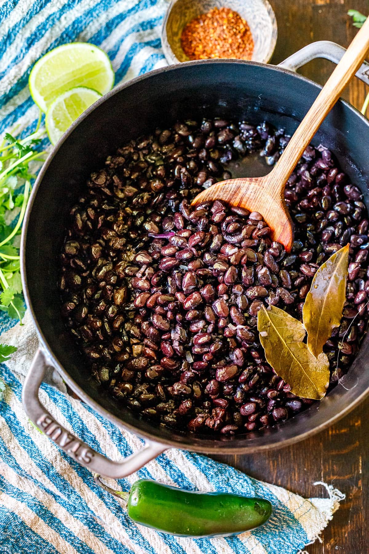 homemade black beans in a dutch oven. 