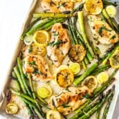 Tarragon Chicken with Asparagus, Lemon and Leeks - all roasted on a sheet pan for a fast and healthy dinner with minimal clean up! #tarragon #sheetpandinner #healthychicken #asparagus #leeks